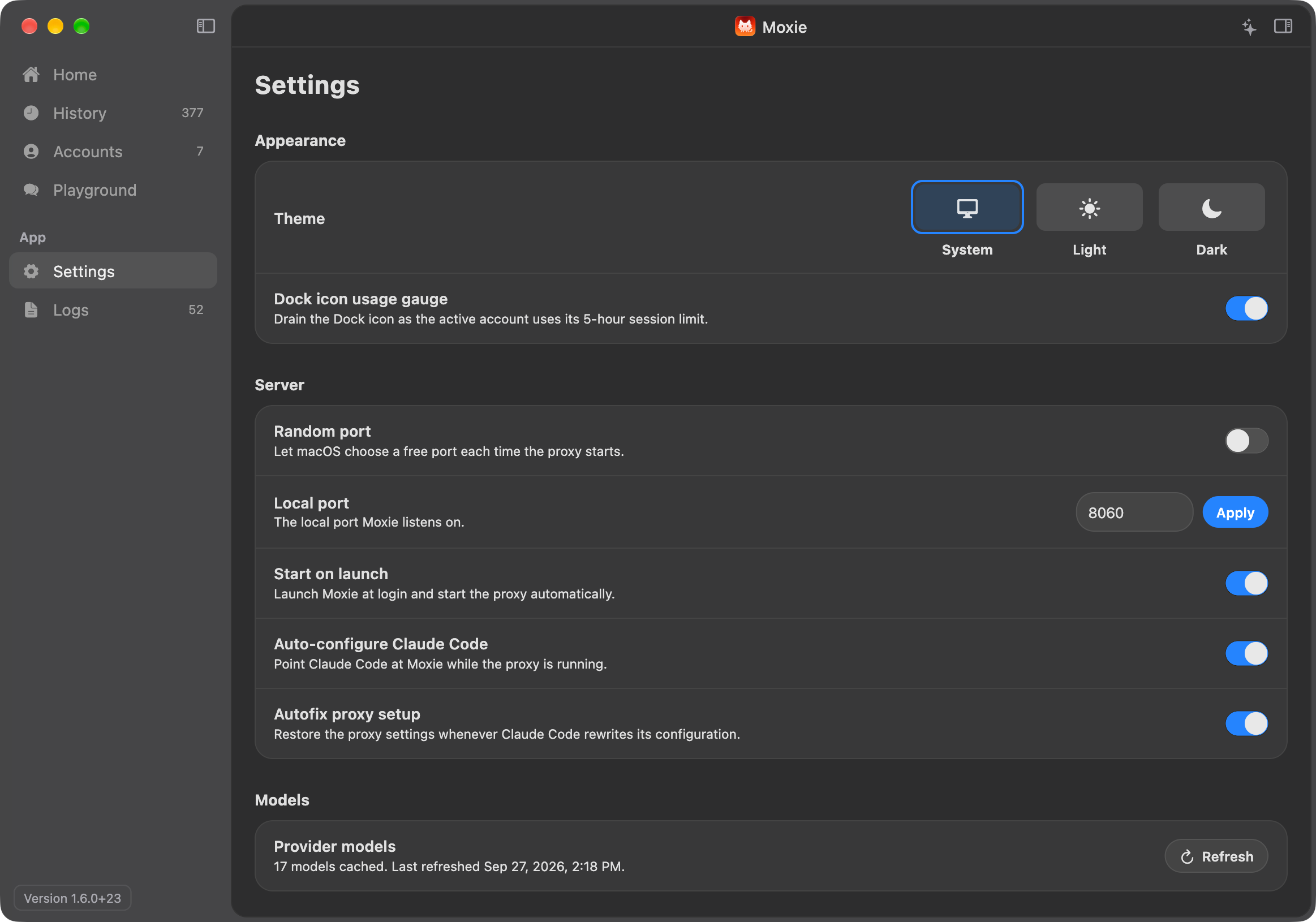 Screenshot of Moxie's Settings screen