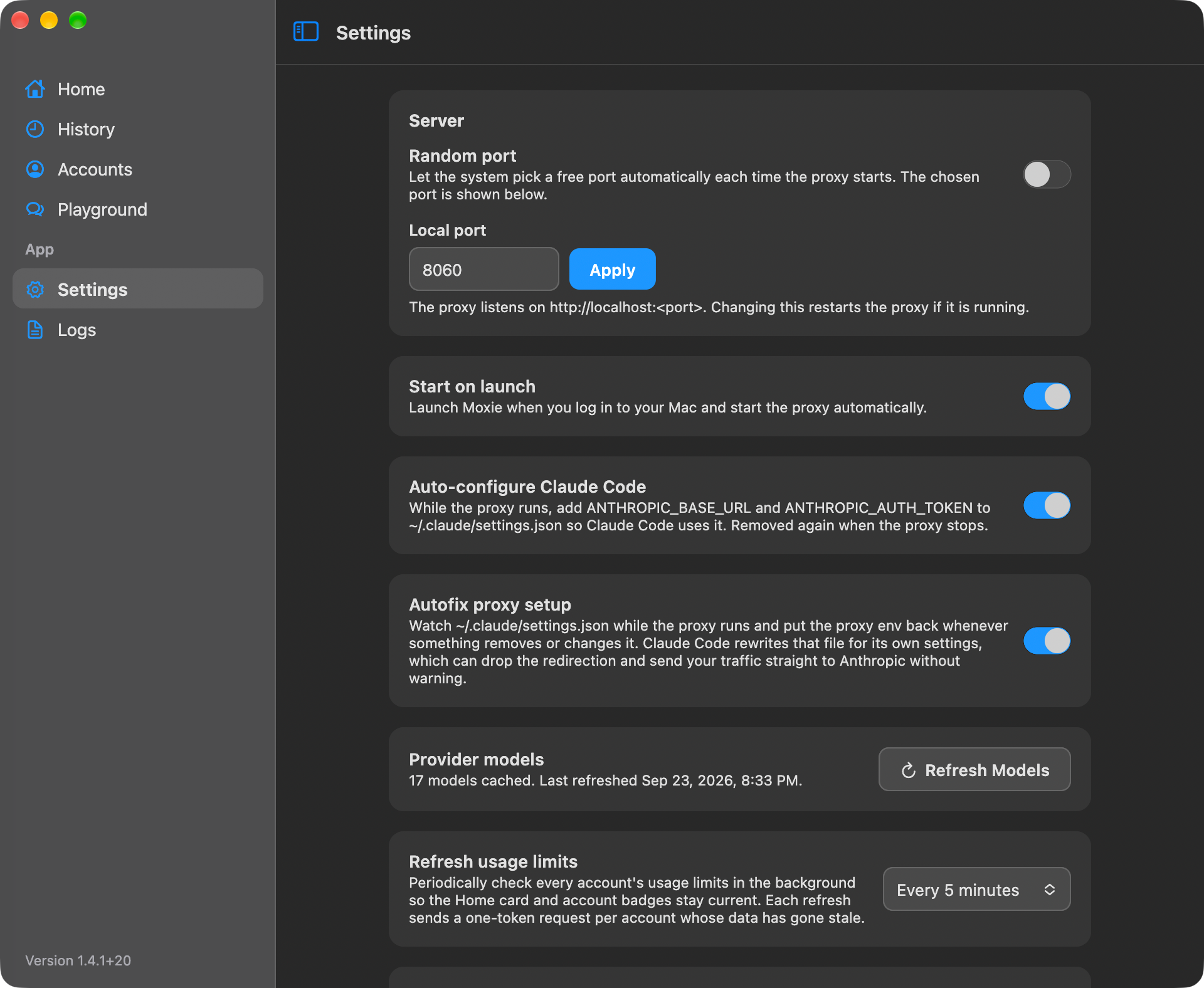 Screenshot of Moxie's Settings screen